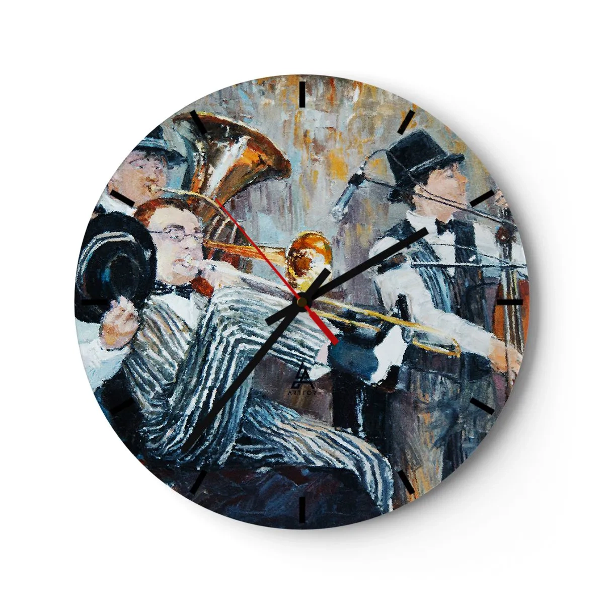 Wanduhr - Glasuhr - Eine Jazzband aus künstlerischer Sicht - 30x30cm - Der ganze Jazz - Moderne Wanddekoration für Wohnzimmer, Küche und Schlafzimmer ARTTOR