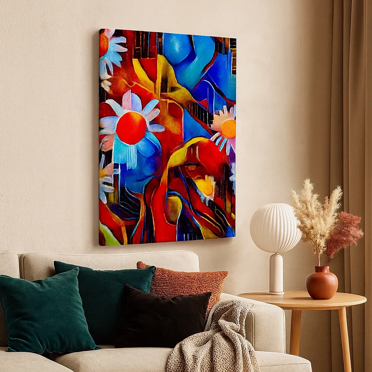 Bild auf Leinwand - Leinwandbild - Abstrakte Blumen vor einem Hintergrund aus geometrischen Mustern - 50x70cm - Die Farben des Lebens - Moderne Wanddekoration für Wohnzimmer und Schlafzimmer ARTTOR