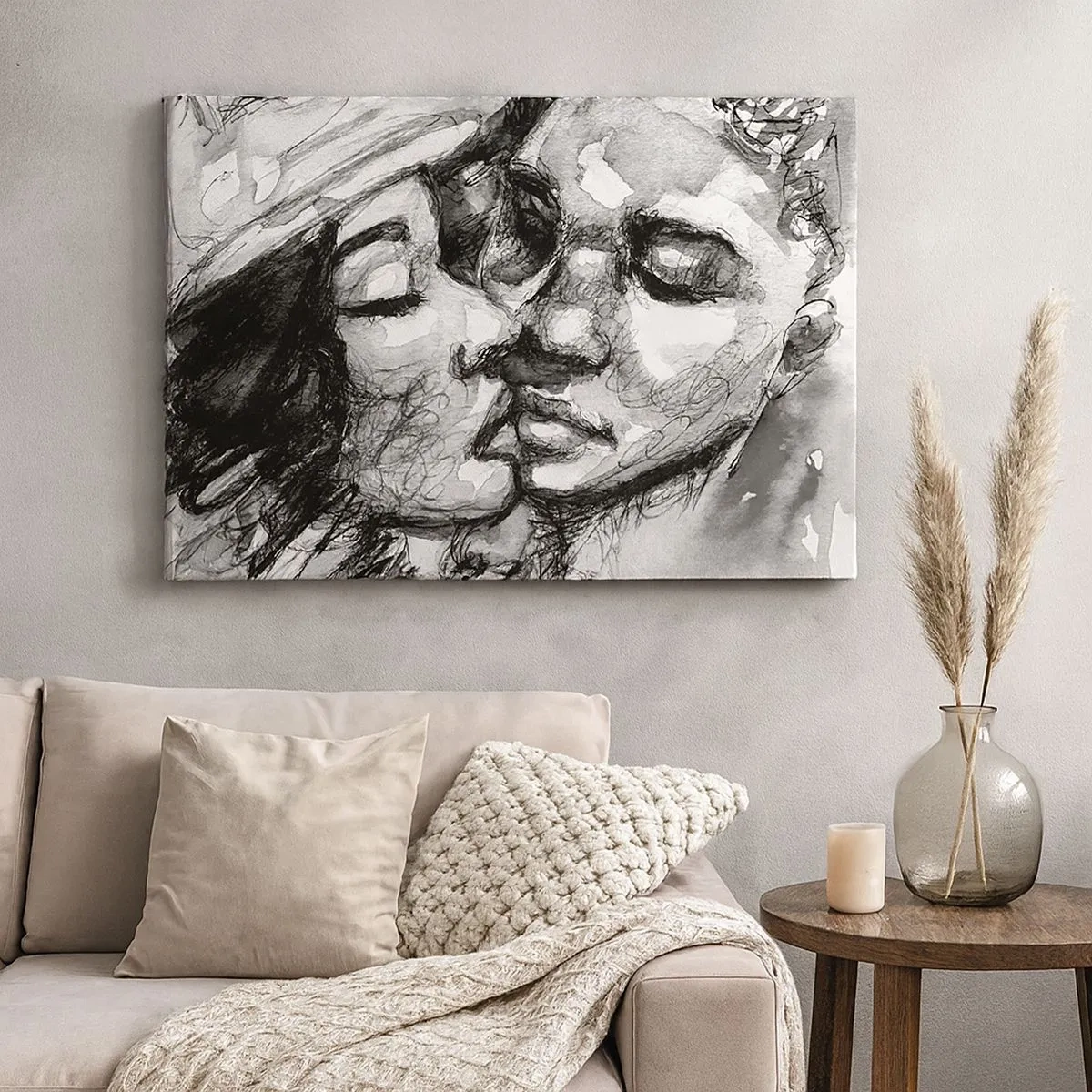 Bild auf Leinwand - Leinwandbild - Ein schwarz-weißes Aquarell, das einen intimen Moment zwischen zwei Menschen darstellt. - 70x50cm - Zärtlicher Moment - Moderne Wanddekoration für Wohnzimmer und Schlafzimmer ARTTOR