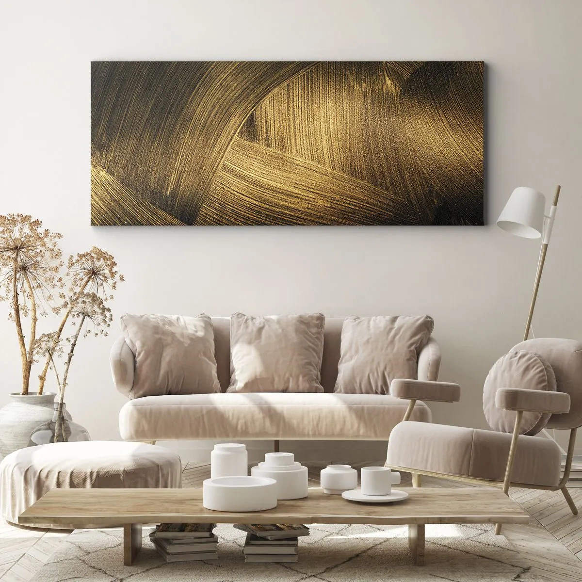 Bild auf Leinwand - Leinwandbild - Goldene abstrakte Pinselstriche - 120x50cm - In einem goldenen Labyrinth - Moderne Wanddekoration für Wohnzimmer und Schlafzimmer ARTTOR