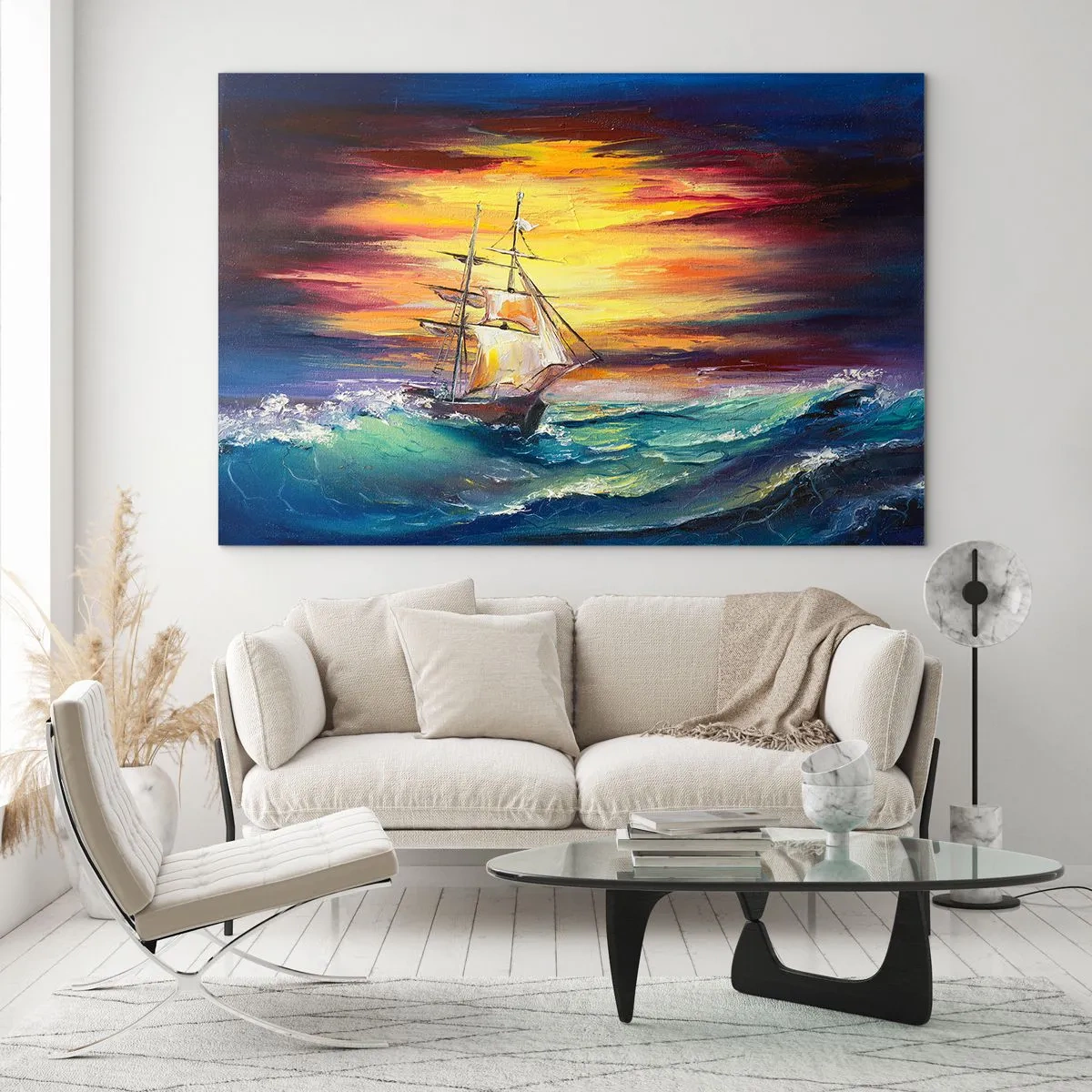 Glasbild - Bild auf glas - Ein Schiff auf stürmischer See bei Sonnenuntergang - 70x50cm - Tapfer unter den Wellen - Moderne Wanddekoration für Wohnzimmer und Schlafzimmer ARTTOR