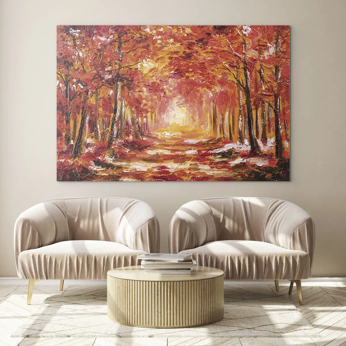 Glasbild - Bild auf glas - Herbstlandschaft mit Bäumen in warmen Farben - 120x80cm - Kupferwald - Moderne Wanddekoration für Wohnzimmer und Schlafzimmer ARTTOR