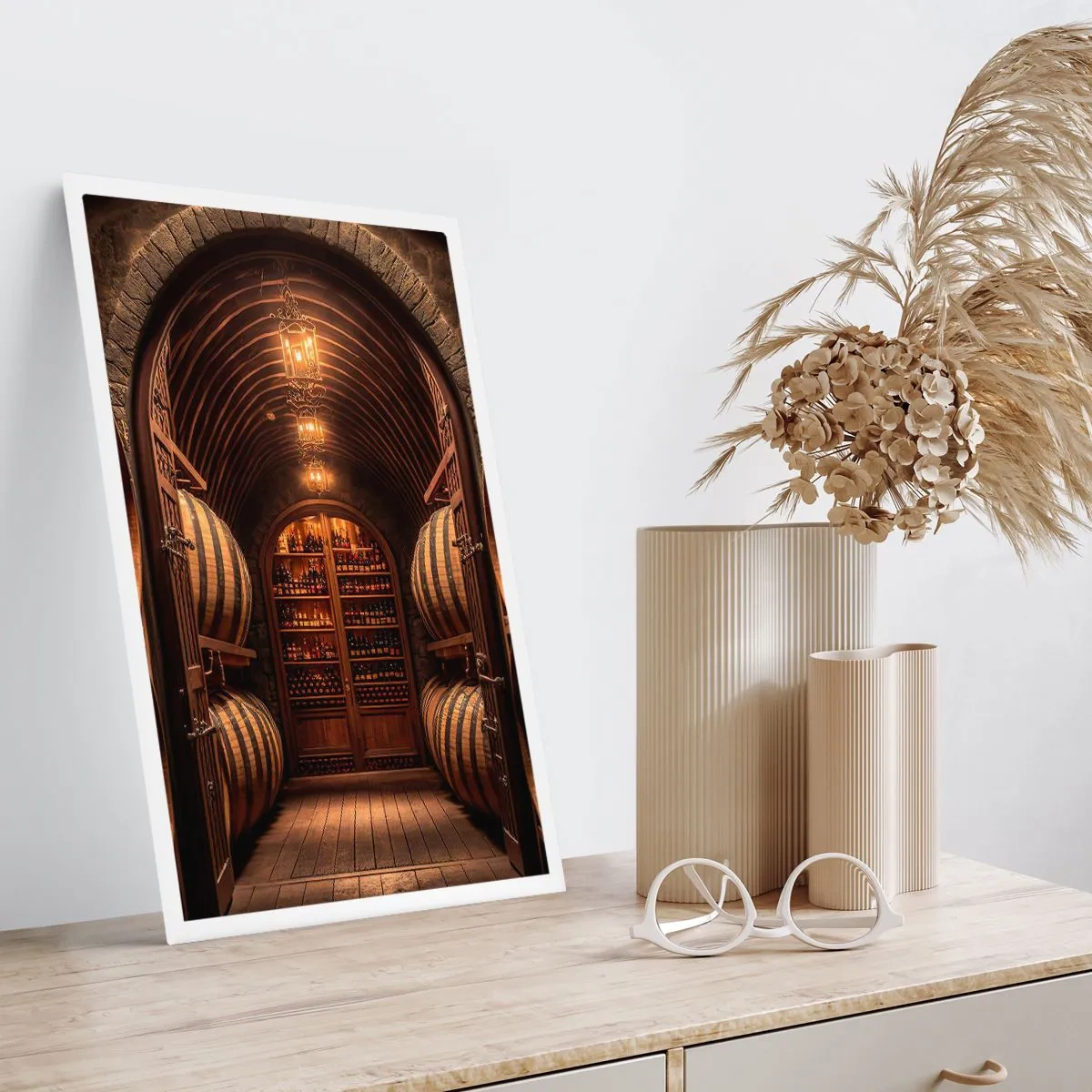 Poster - Eleganter Weinkeller mit Holzfässern - 50x70cm - Stimmungsvoller Keller - Moderne Wanddekoration für Wohnzimmer und Schlafzimmer ARTTOR