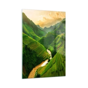 Glasbild - Bild auf glas - Malerische Reisterrassen im Tal bei Sonnenuntergang - 50x70cm - Vietnamesisches Tal - Moderne Wanddekoration für Wohnzimmer und Schlafzimmer ARTTOR