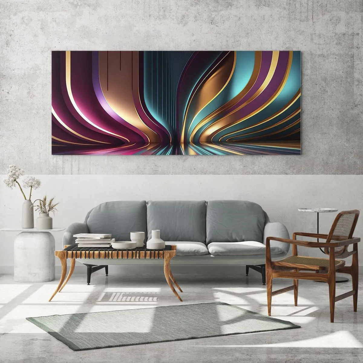 Glasbild - Bild auf glas - Futuristische Abstraktion mit intensiven Farben und Kurven - 120x50cm - Architektur des Lichts - Moderne Wanddekoration für Wohnzimmer und Schlafzimmer ARTTOR