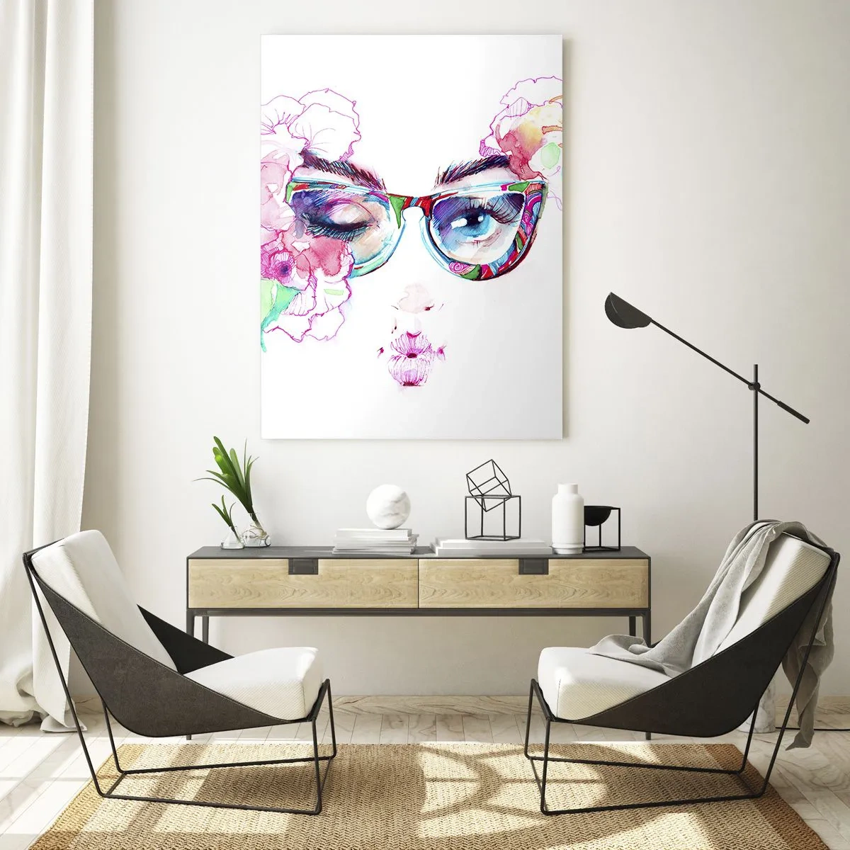 Glasbild - Bild auf glas - Aquarellgesicht mit bunten Gläsern und Blumen - 70x100cm - Ein verlockendes Versprechen - Moderne Wanddekoration für Wohnzimmer und Schlafzimmer ARTTOR