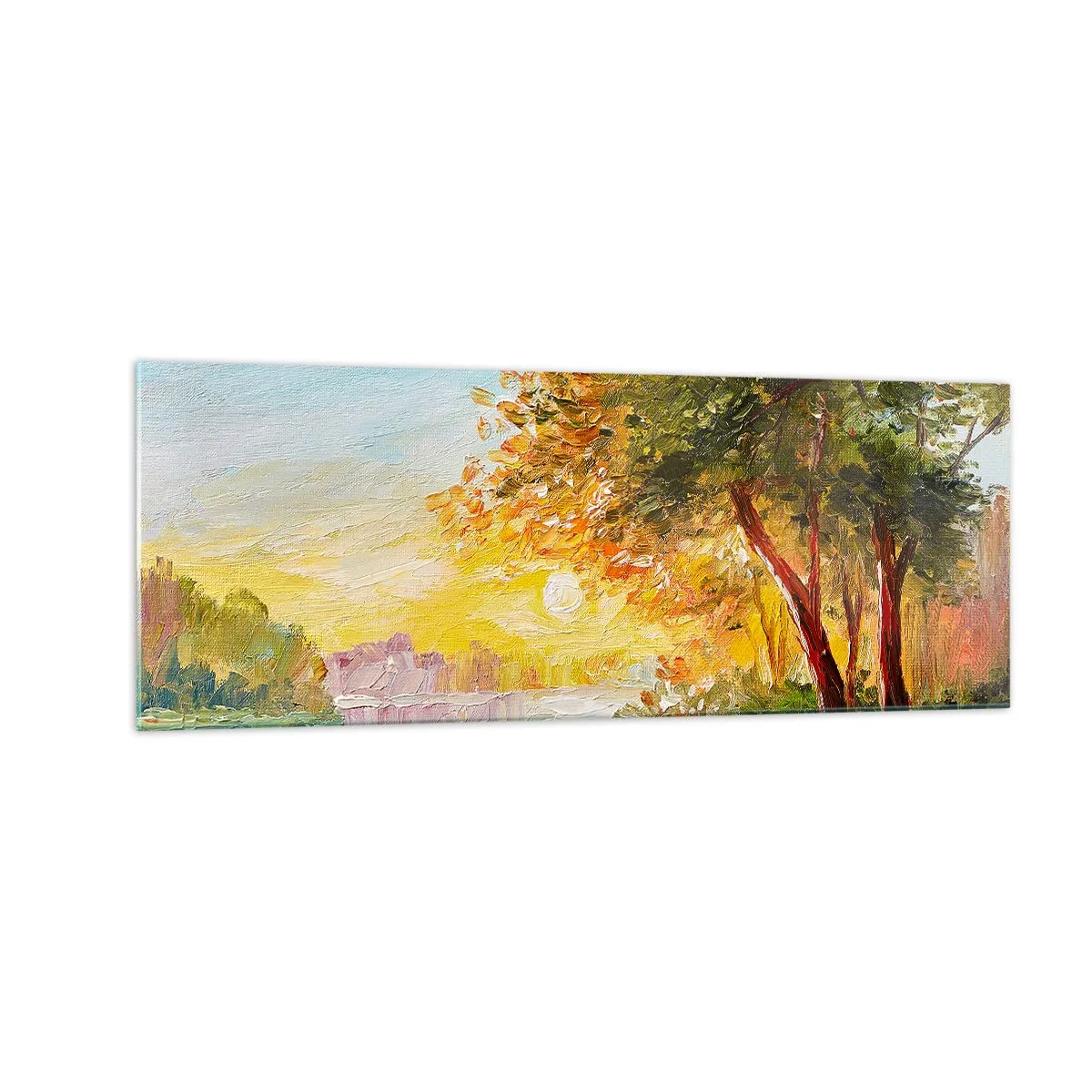 Glasbild - Bild auf glas - Eine malerische Landschaft mit einem Fluss und Bäumen bei Sonnenuntergang - 140x50cm - Et in Arcadia ego - Moderne Wanddekoration für Wohnzimmer und Schlafzimmer ARTTOR