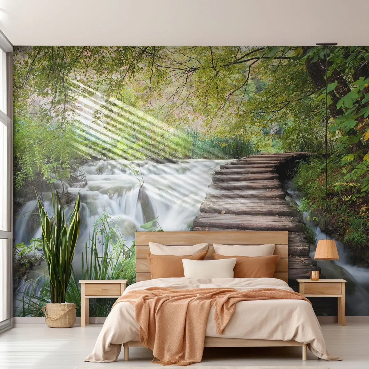 Fototapete Premium Sand - Eine Holzbrücke über einen Gebirgsbach - 100x70cm - Das Wasser ist überhaupt nicht ruhig - Moderne Wanddekoration für Wohnzimmer und Schlafzimmer ARTTOR