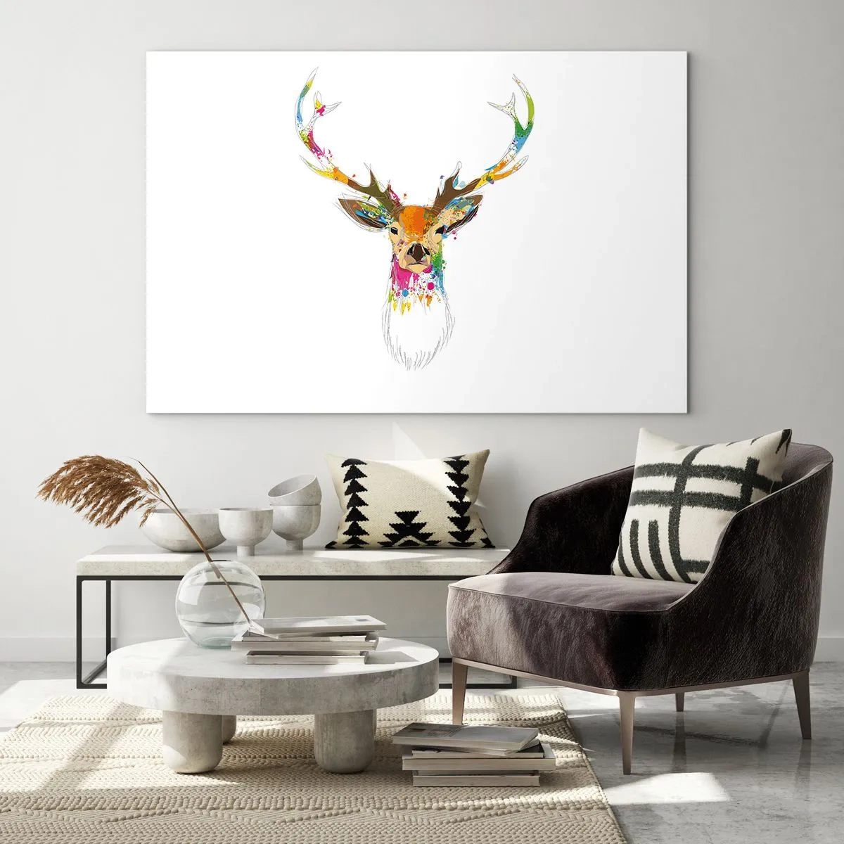 Glasbild - Bild auf glas - Bunte Silhouette eines Hirsches auf weißem Hintergrund in einem abstrakten Stil - 100x70cm - Ein mildes Reh in Farbe getaucht - Moderne Wanddekoration für Wohnzimmer und Schlafzimmer ARTTOR