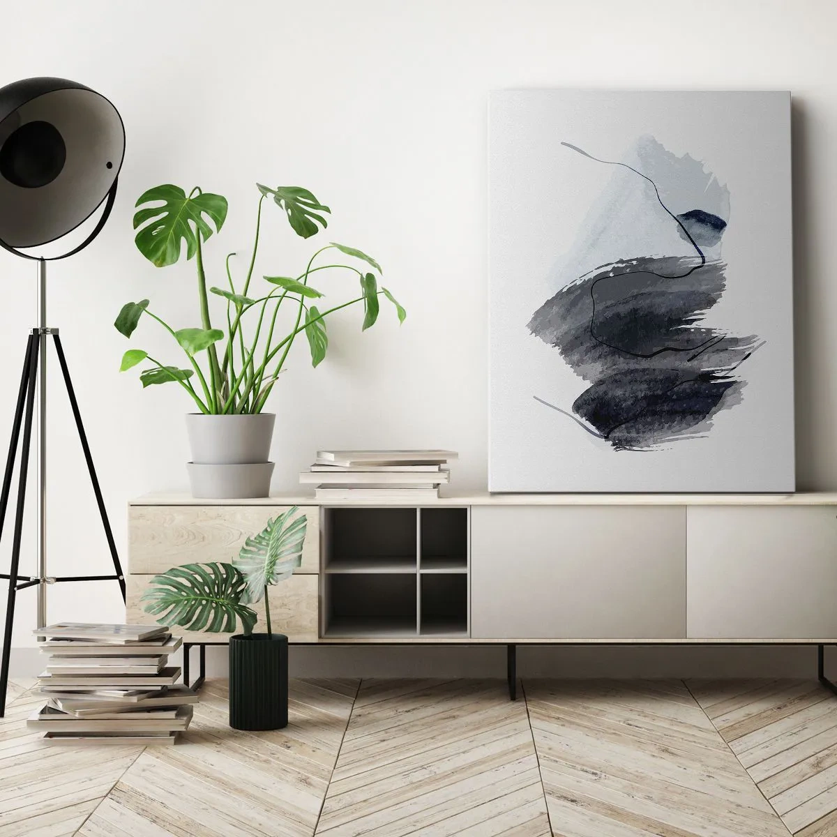 Bild auf Leinwand - Leinwandbild - Abstrakte Komposition in Grau- und Blautönen - 80x120cm - Intensität und Bewegung - Moderne Wanddekoration für Wohnzimmer und Schlafzimmer ARTTOR