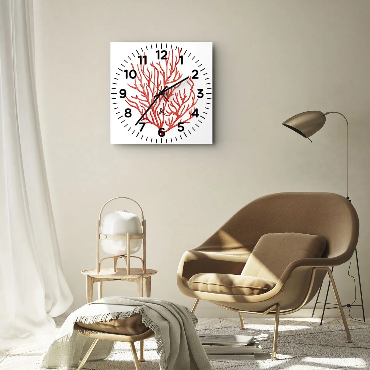 Wanduhr - Glasuhr - Rote Koralle auf weißem Hintergrund im minimalistischen Stil - 30x30cm - Korallenfiligran - Moderne Wanddekoration für Wohnzimmer und Schlafzimmer ARTTOR