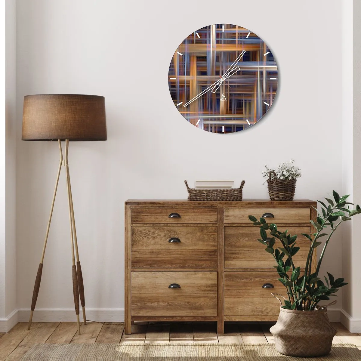 Wanduhr - Glasuhr - Kariertes Muster in Braun- und Blautönen - 30x30cm - Aus Licht gewebt - Moderne Wanddekoration für Wohnzimmer, Küche und Schlafzimmer ARTTOR