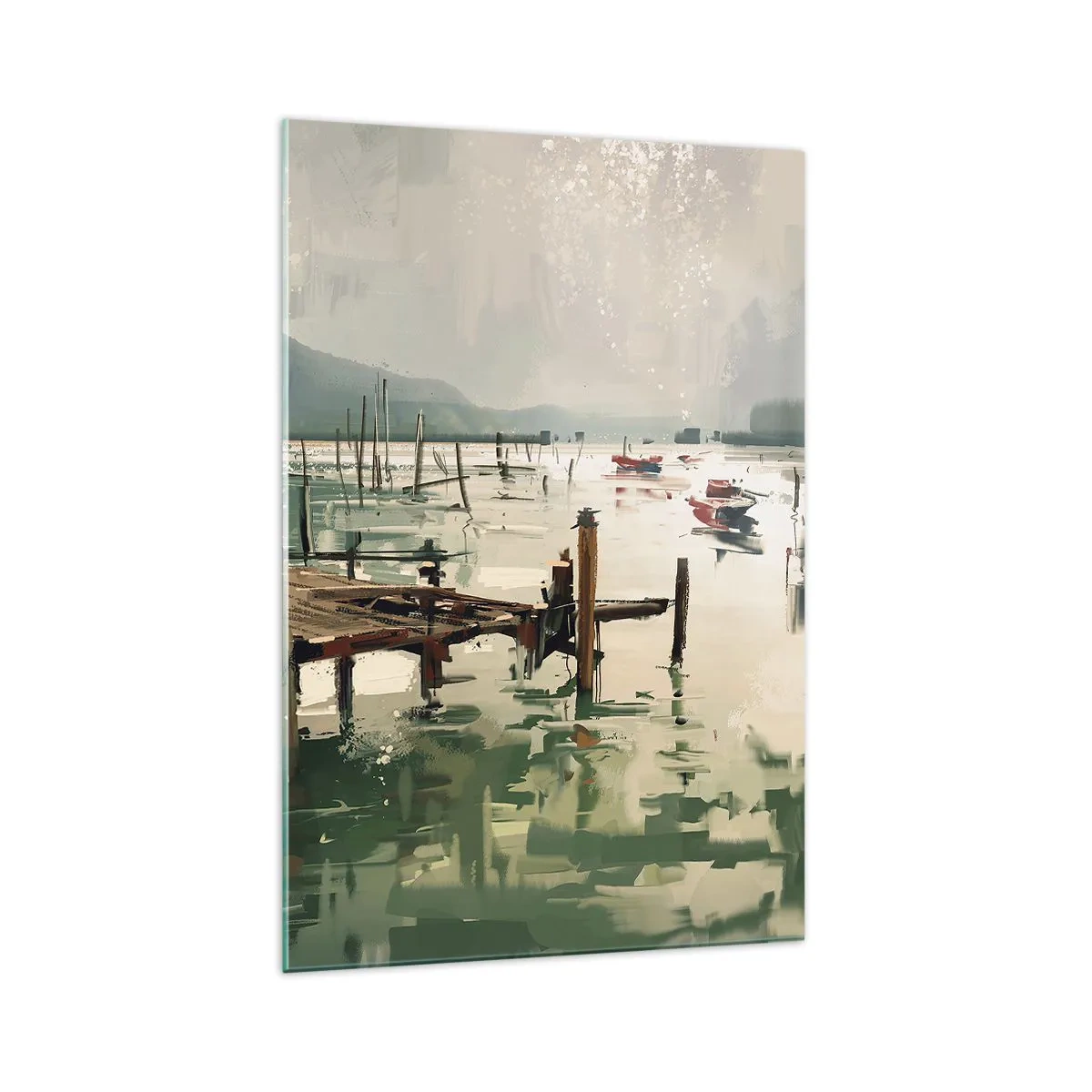 Glasbild - Bild auf glas - Ein malerischer Hafen mit Booten auf ruhigem Wasser - 70x100cm - Durchnässt in einem geschmolzenen Mond - Moderne Wanddekoration für Wohnzimmer und Schlafzimmer ARTTOR