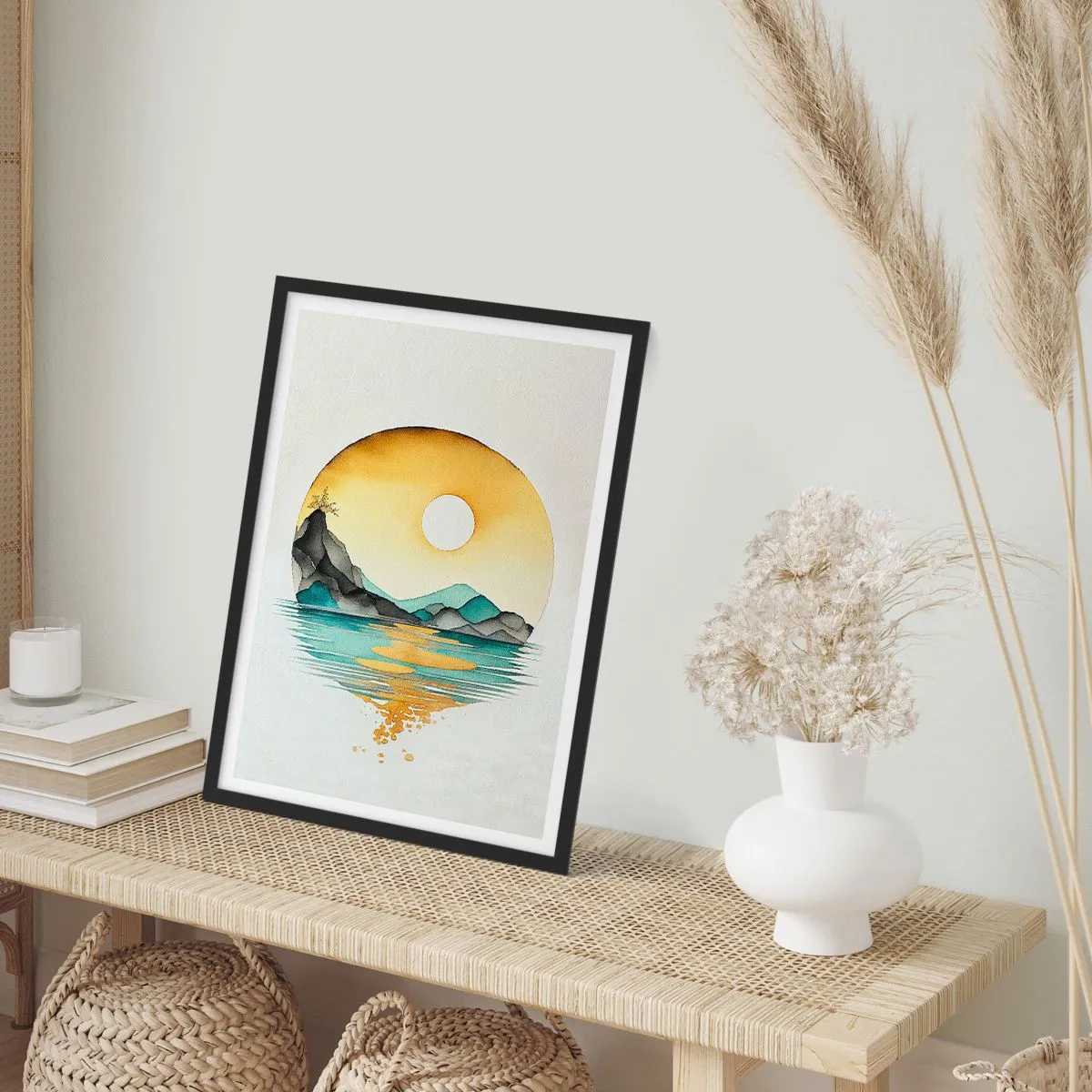 Poster in einem schwarzem Rahmen - Eine minimalistische Landschaft aus Bergen über Wasser in goldenen Farben - 50x70cm - Im Kreis der Schönheit - Moderne Wanddekoration für Wohnzimmer und Schlafzimmer ARTTOR