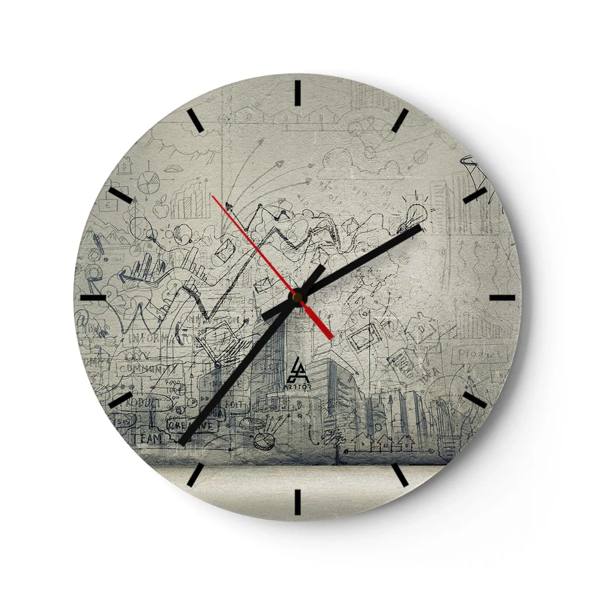 Wanduhr - Glasuhr - Konzeptskizze mit Geschäftsthemen auf hellem Hintergrund - 30x30cm - Mein tolles Stadtleben - Moderne Wanddekoration für Wohnzimmer, Küche und Schlafzimmer ARTTOR