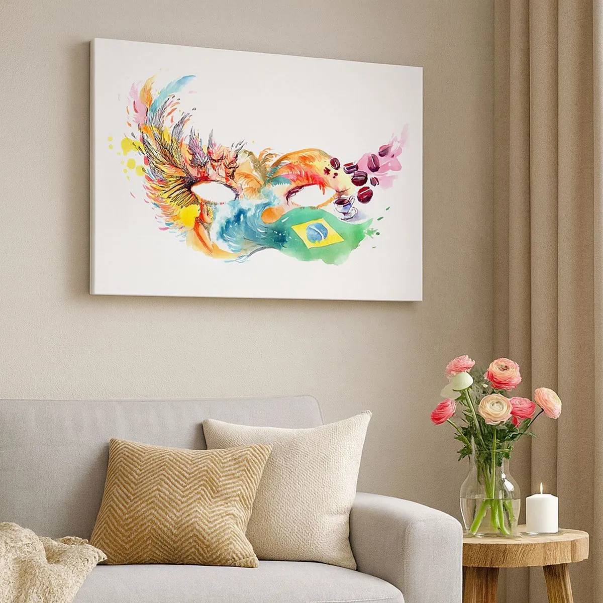 Bild auf Leinwand - Leinwandbild - Bunte Aquarellmaske, inspiriert von Brasilien - 70x50cm - Brasilien begrüßt Samba - Moderne Wanddekoration für Wohnzimmer und Schlafzimmer ARTTOR