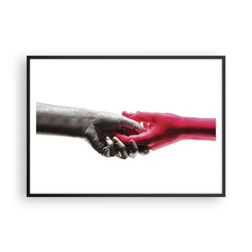 Poster in einem schwarzem Rahmen - Symbolische Hände in Silber und Rot - 100x70cm - Gemeinsam, obwohl anders - Moderne Wanddekoration für Wohnzimmer und Schlafzimmer ARTTOR