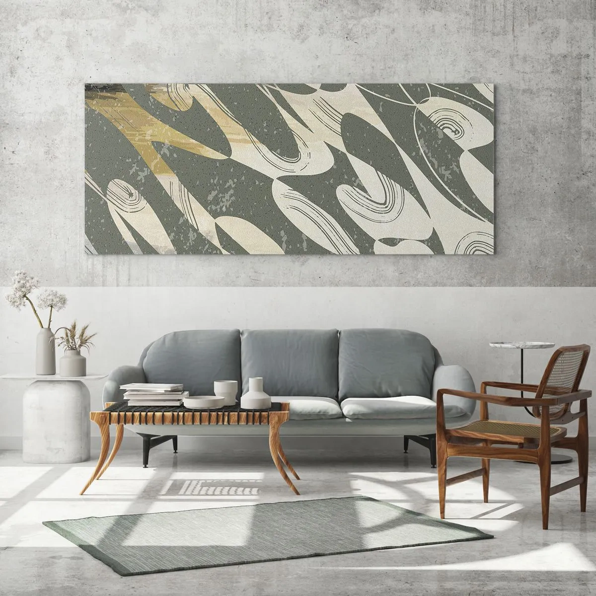 Glasbild - Bild auf glas - Dynamische Formen in Grün- und Goldtönen - 160x50cm - Rhythmische Abstraktion - Moderne Wanddekoration für Wohnzimmer und Schlafzimmer ARTTOR