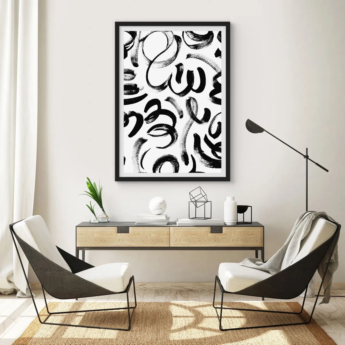 Poster in einem schwarzem Rahmen - Abstrakte schwarze Pinselstriche auf weißem Hintergrund - 50x70cm - Schwarz auf Weiß - Moderne Wanddekoration für Wohnzimmer und Schlafzimmer ARTTOR