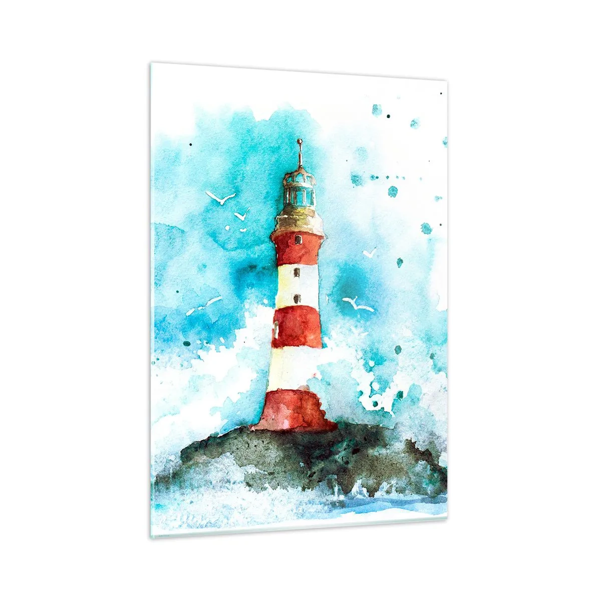 Glasbild - Bild auf glas - Ein Leuchtturm, umgeben von Meereswellen im Aquarellstil - 50x70cm - Einheit der Elemente - Moderne Wanddekoration für Wohnzimmer und Schlafzimmer ARTTOR