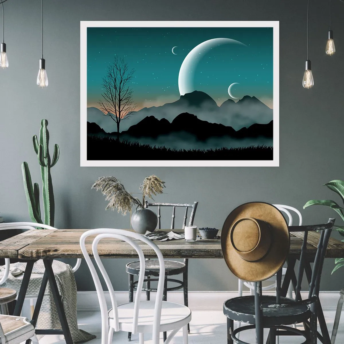 Poster - Neblige Berge mit dem Mond und einem einsamen Baum - 100x70cm - Karneval in der Sternenacht - Moderne Wanddekoration für Wohnzimmer und Schlafzimmer ARTTOR