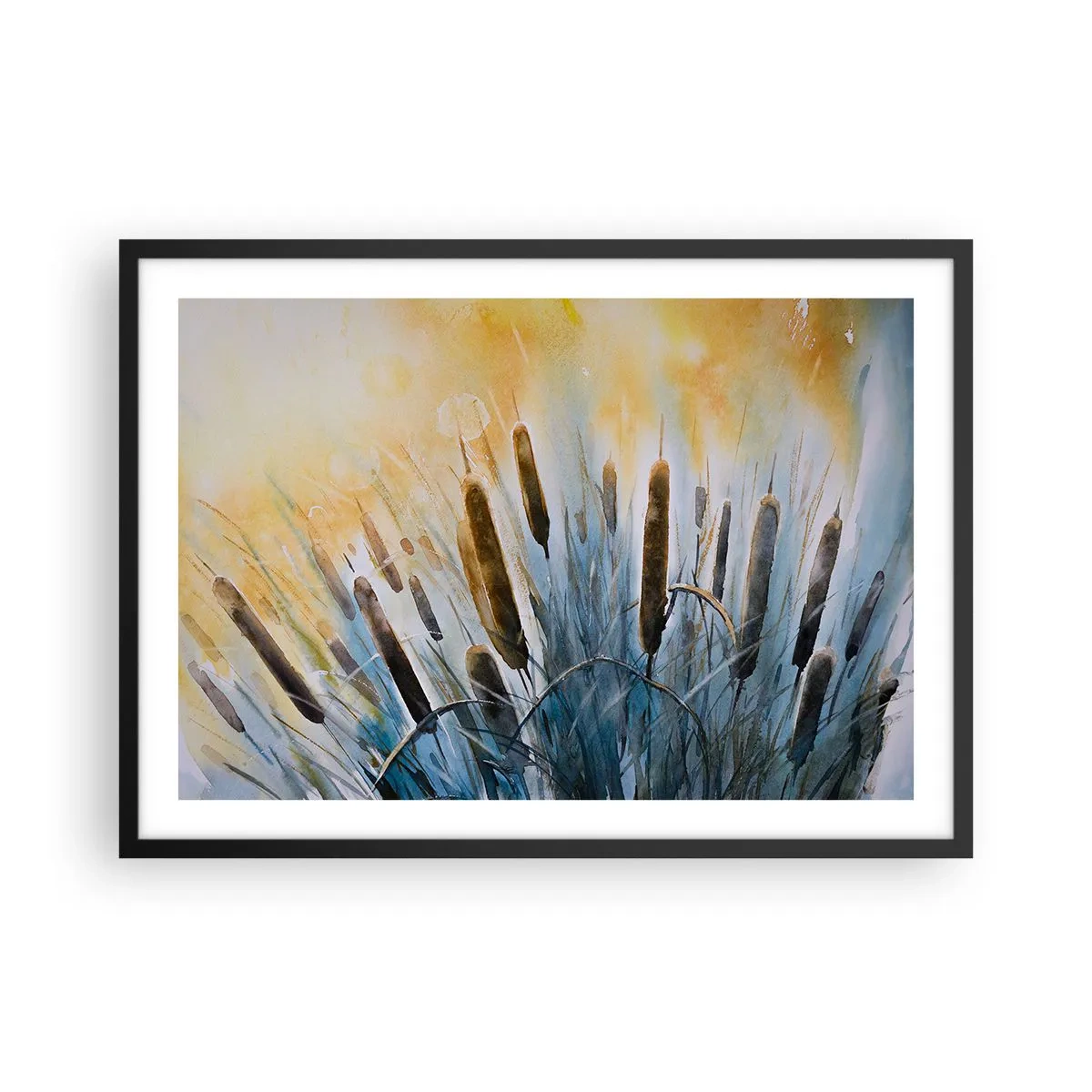 Poster in einem schwarzem Rahmen - Malerisches Schilf in den Sonnenstrahlen - 70x50cm - Die Kälte des Wassers, die Hitze der Sonne - Moderne Wanddekoration für Wohnzimmer und Schlafzimmer ARTTOR