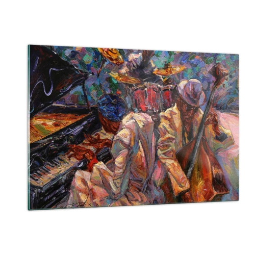 Glasbild - Bild auf glas - Eine bunte Jazzbühne mit Musikern und Instrumenten - 120x80cm - In einem Schlag - Moderne Wanddekoration für Wohnzimmer und Schlafzimmer ARTTOR