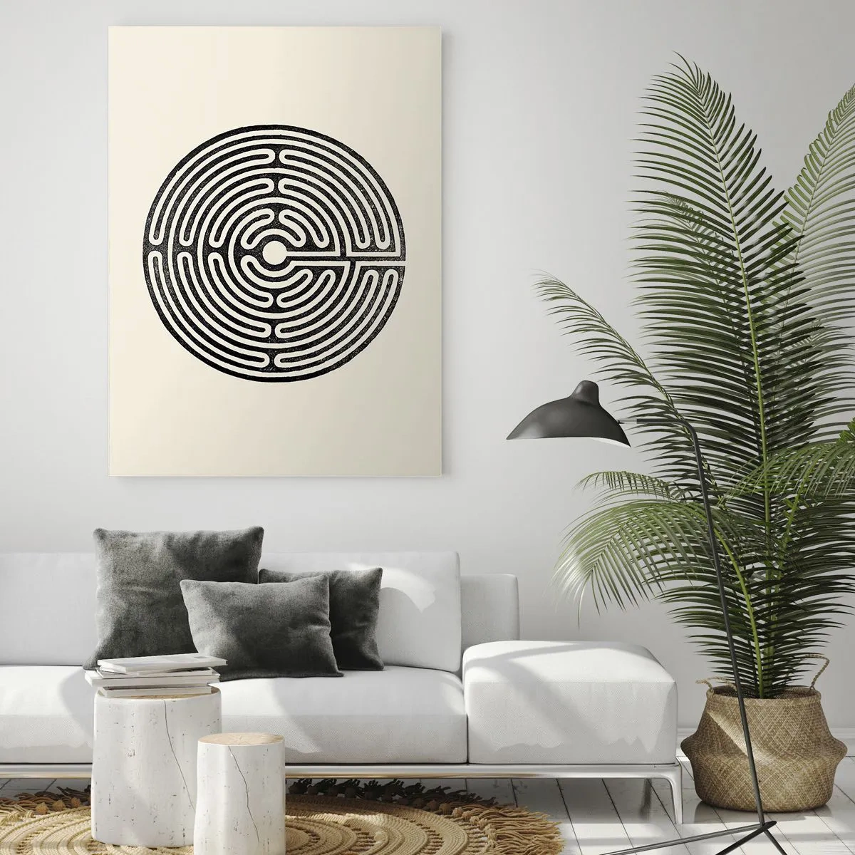 Glasbild - Bild auf glas - Ein schwarz-weißes Labyrinth in kreisförmiger Form auf hellem Hintergrund. - 50x70cm - Geheimnisvolle Ordnung - Moderne Wanddekoration für Wohnzimmer und Schlafzimmer ARTTOR