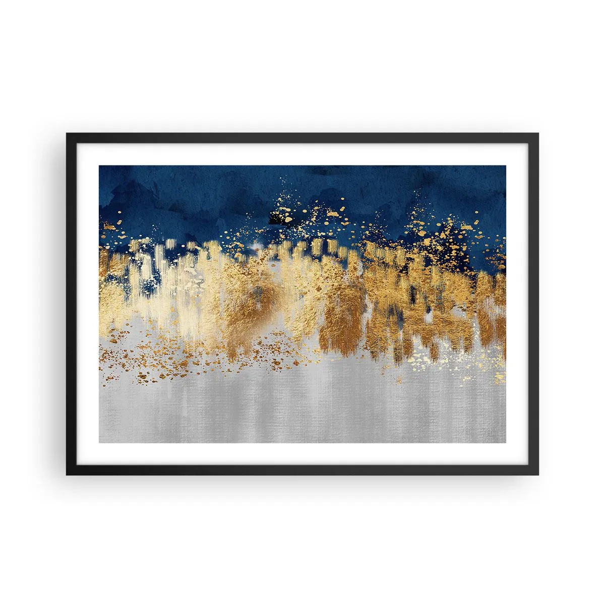 Poster in einem schwarzem Rahmen - Eine abstrakte Komposition in Gold- und Marineblautönen. - 70x50cm - Moderne Komposition mit Glanz - Moderne Wanddekoration für Wohnzimmer und Schlafzimmer ARTTOR