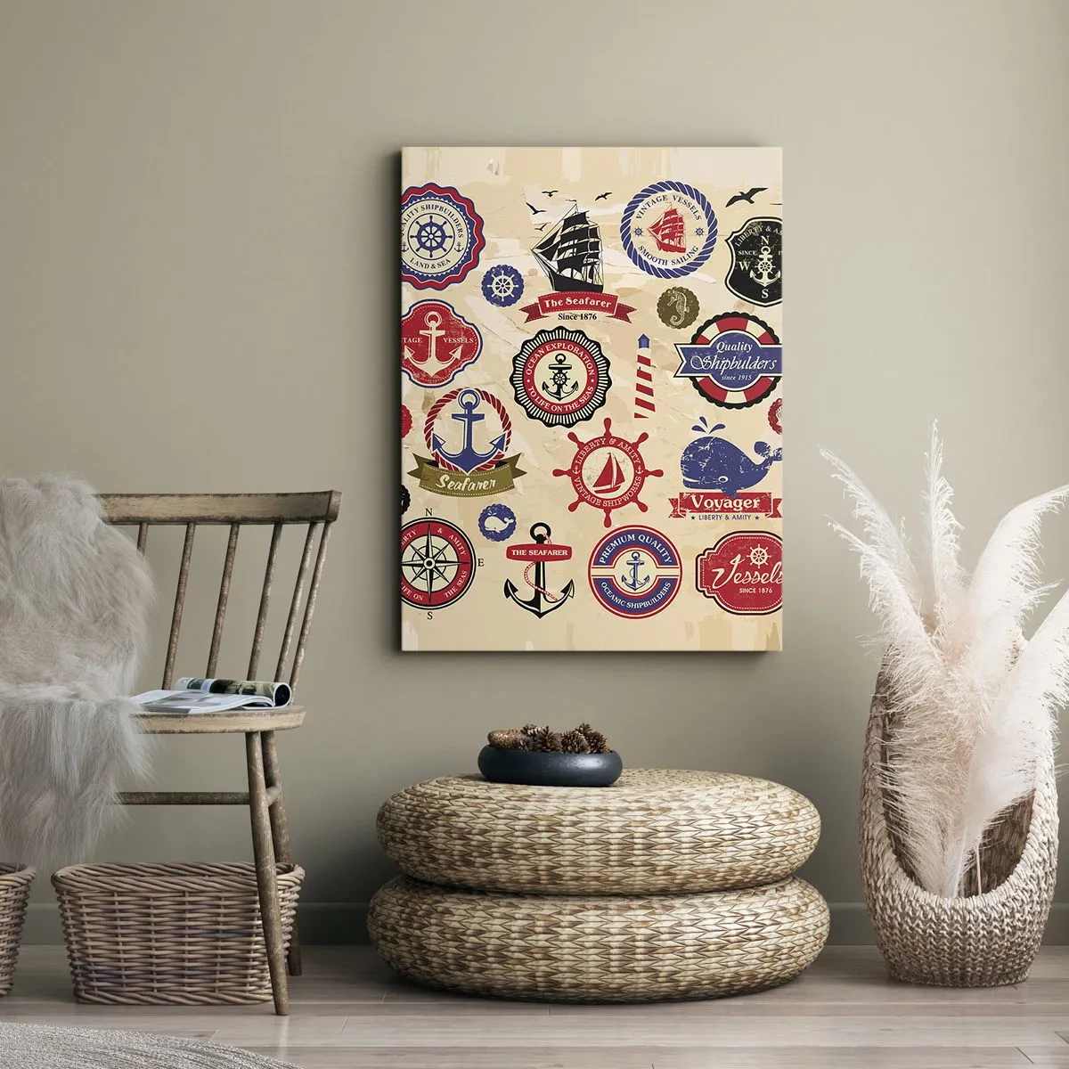 Bild auf Leinwand - Leinwandbild - Eine Sammlung nautischer Grafiken und Symbole auf hellem Hintergrund - 50x70cm - Segelbruderschaft - Moderne Wanddekoration für Wohnzimmer und Schlafzimmer ARTTOR