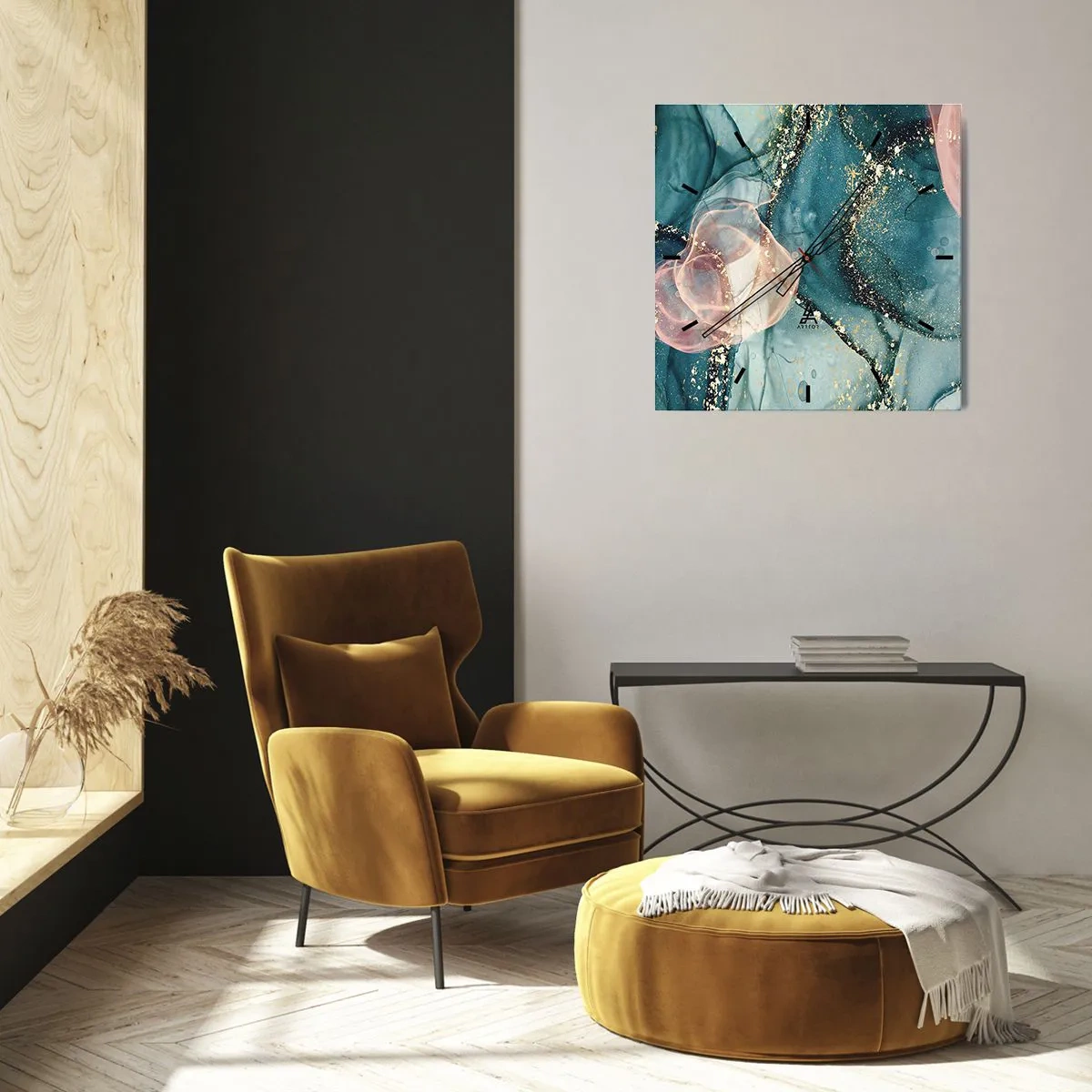 Wanduhr - Glasuhr - Eine abstrakte Komposition in Türkis- und Goldtönen. - 30x30cm - Seidenblau, Tüllrosa - Moderne Wanddekoration für Wohnzimmer und Schlafzimmer ARTTOR
