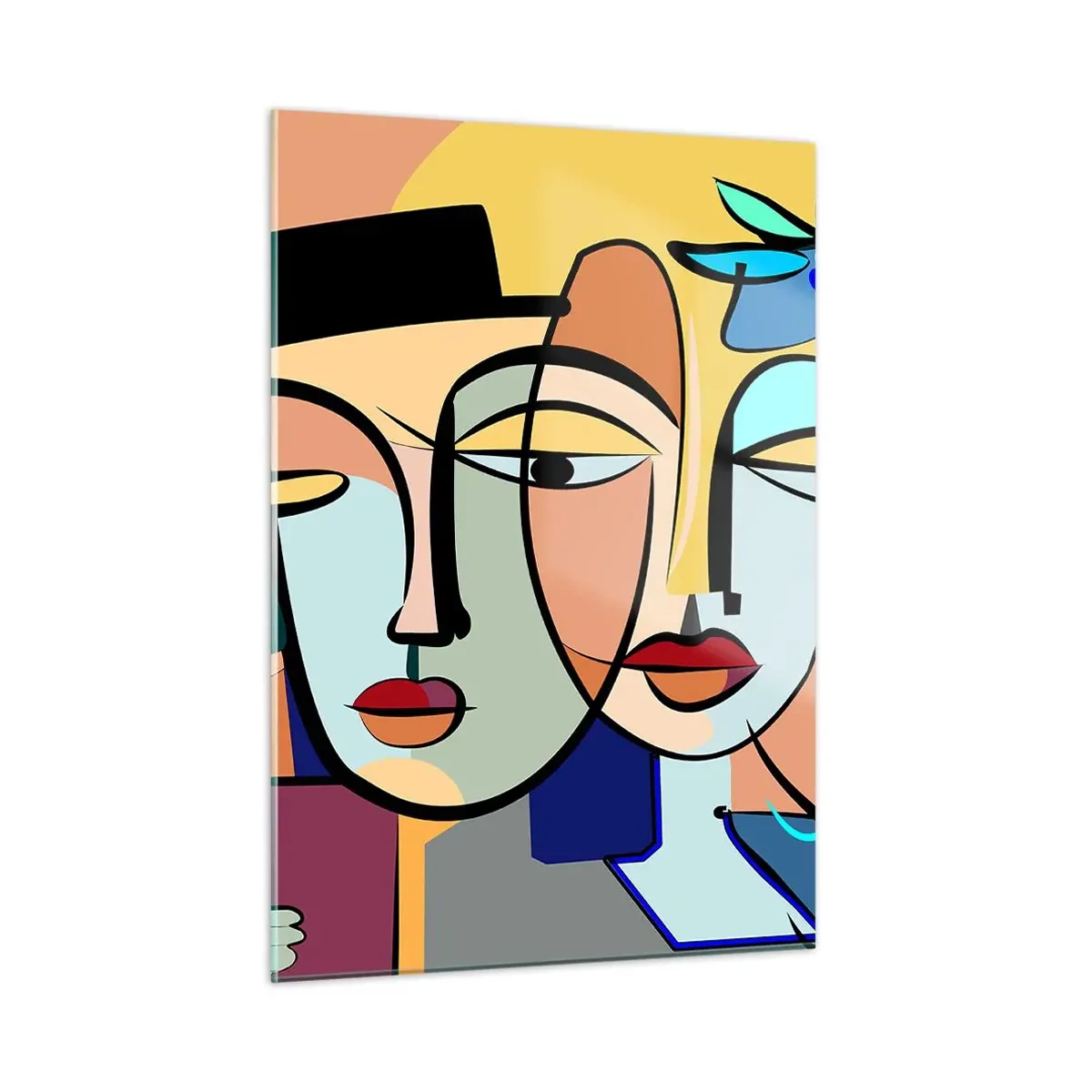 Glasbild - Bild auf glas - Bunte Gesichter im kubistischen Stil mit Blumen - 50x70cm - Picassos randez vous - Moderne Wanddekoration für Wohnzimmer und Schlafzimmer ARTTOR