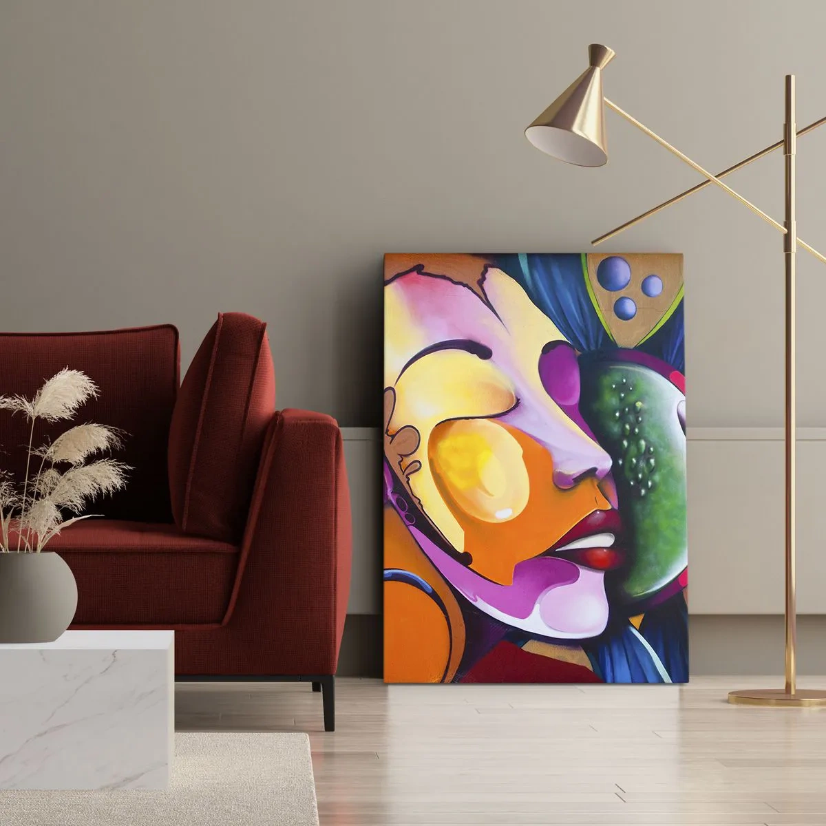 Bild auf Leinwand - Leinwandbild - Eine farbenfrohe Abstraktion mit einem Gesichtsmotiv in einer dynamischen Komposition - 50x70cm - Mit Farbe berühren - Moderne Wanddekoration für Wohnzimmer und Schlafzimmer ARTTOR