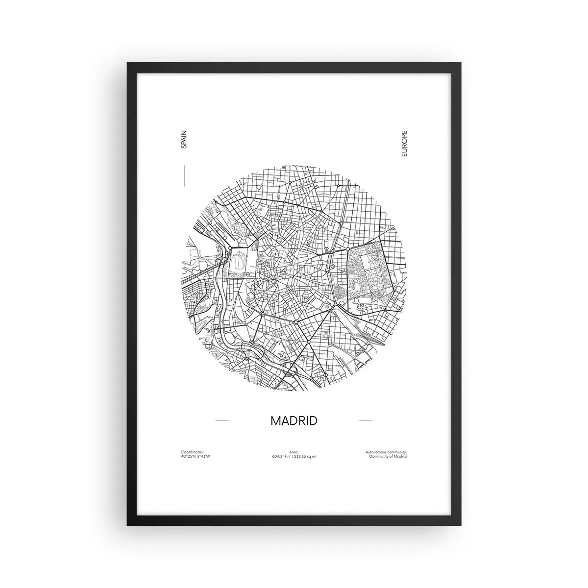 Poster in einem schwarzem Rahmen - Eine minimalistische Karte von Madrid in Schwarzweiß. - 50x70cm - Anatomie von Madrid - Moderne Wanddekoration für Wohnzimmer und Schlafzimmer ARTTOR