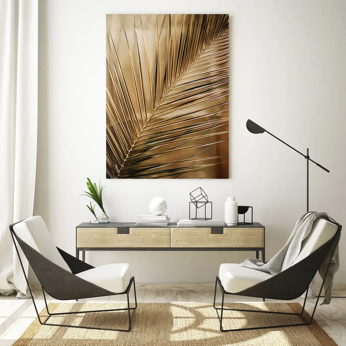 Glasbild - Bild auf glas - Goldenes Palmblatt auf einem einfarbigen Hintergrund - 80x120cm - Natürliche Kolonnade - Moderne Wanddekoration für Wohnzimmer und Schlafzimmer ARTTOR