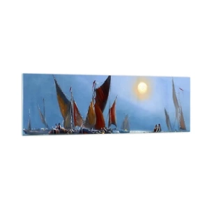 Glasbild - Bild auf glas - Boote mit Segeln auf ruhigem Wasser bei Sonnenuntergang - 160x50cm - Nachtfang - Moderne Wanddekoration für Wohnzimmer und Schlafzimmer ARTTOR