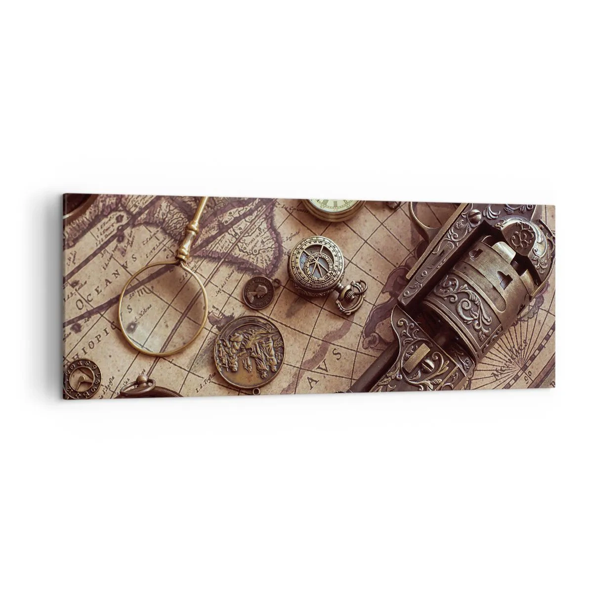 Bild auf Leinwand - Leinwandbild - Antike Gegenstände auf einer alten Karte im Retro-Stil - 140x50cm - Das Abenteuer ruft - Moderne Wanddekoration für Wohnzimmer und Schlafzimmer ARTTOR