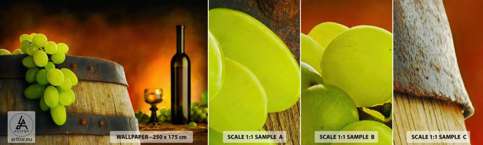 Fototapetenmuster Standard Eco - Stillleben mit einer Flasche Wein und einer Weintraube - Traube, Wein, Weinfass - 100x30 cm