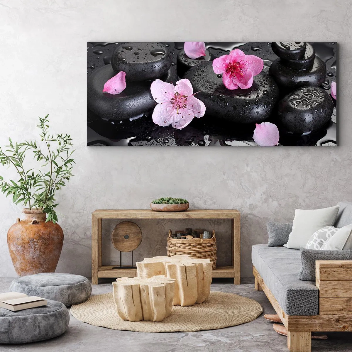 Bild auf Leinwand - Leinwandbild - Schwarze Steine und rosa Blumen im Spa-Stil - 160x50cm - Und der Stein fällt vom Herzen - Moderne Wanddekoration für Wohnzimmer und Schlafzimmer ARTTOR