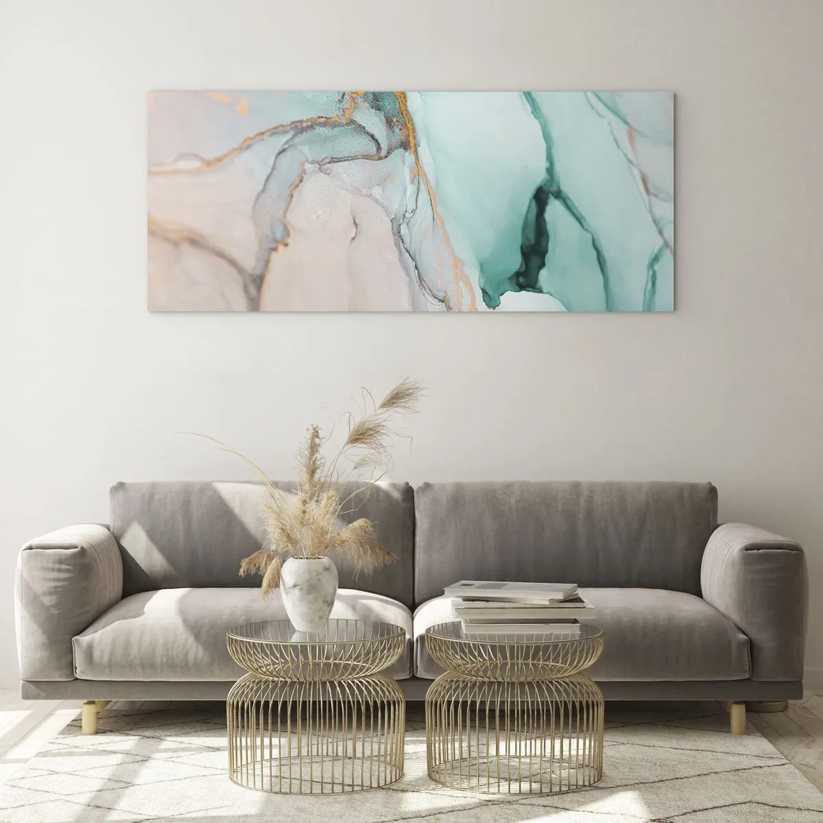 Glasbild - Bild auf glas - Eine abstrakte Komposition in Türkis- und Goldtönen. - 140x50cm - Ein Tanz der Formen und Farben - Moderne Wanddekoration für Wohnzimmer und Schlafzimmer ARTTOR