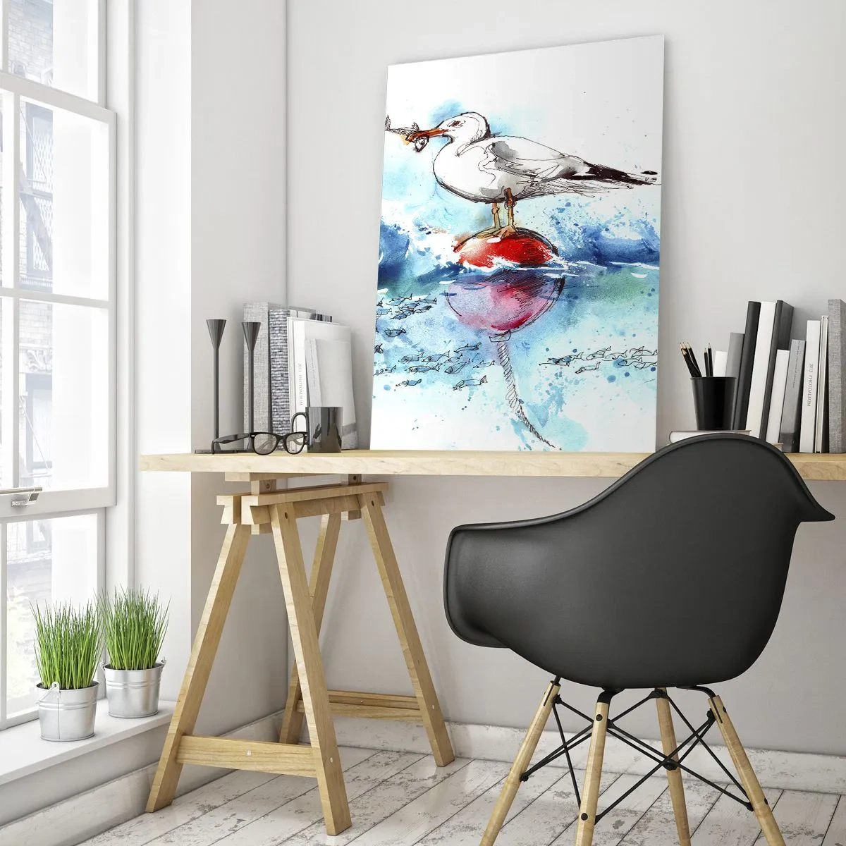 Glasbild - Bild auf glas - Möwe auf einer Boje mit Fischen im Hintergrund im Aquarellstil - 80x120cm - Erfolgreicher Fang - Moderne Wanddekoration für Wohnzimmer und Schlafzimmer ARTTOR