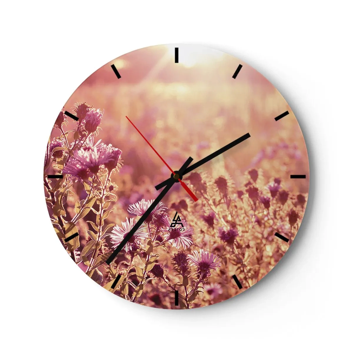 Wanduhr - Glasuhr - Lila Blumen auf einem Feld bei Sonnenuntergang in warmem Licht - 30x30cm - Bevor der Sommer vorbei ist - Moderne Wanddekoration für Wohnzimmer, Küche und Schlafzimmer ARTTOR
