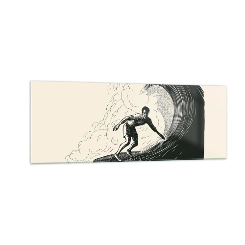 Glasbild - Bild auf glas - Schwarz-Weiß-Grafik eines Surfers, der auf einer Welle reitet - 140x50cm - König der Welle - Moderne Wanddekoration für Wohnzimmer und Schlafzimmer ARTTOR