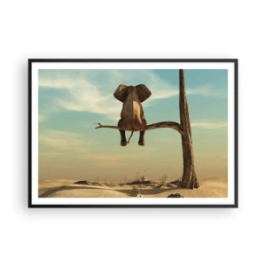 Poster in einem schwarzem Rahmen - Ein Elefant sitzt auf einem Ast und blickt auf eine Wüstenlandschaft - 100x70cm - Neuer Blickwinkel - Moderne Wanddekoration für Wohnzimmer und Schlafzimmer ARTTOR