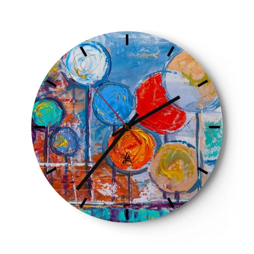 Wanduhr - Glasuhr - Bunte abstrakte Blumen auf einem malerisch strukturierten Hintergrund - 30x30cm - Wunder am Stiel - Moderne Wanddekoration für Wohnzimmer, Küche und Schlafzimmer ARTTOR