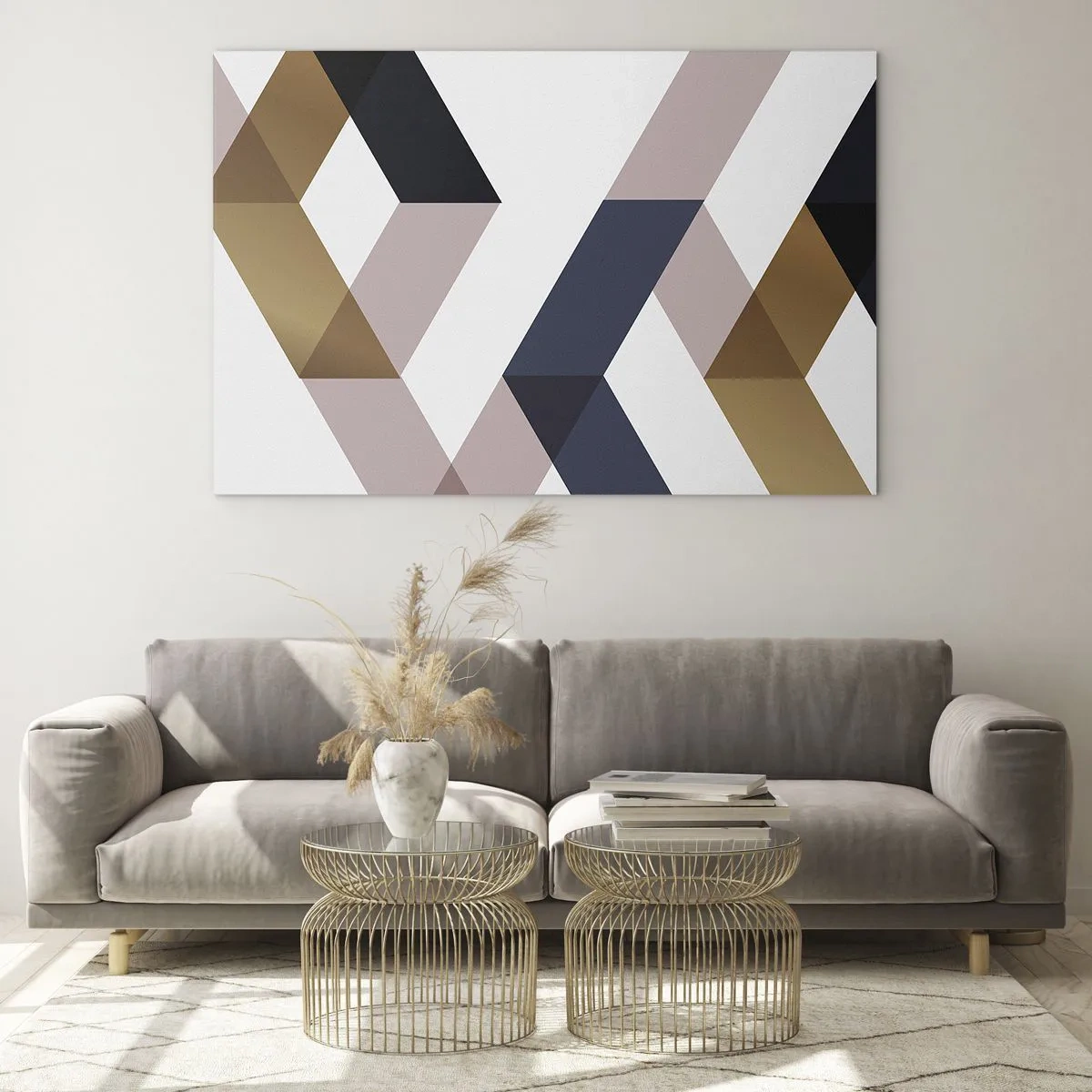 Glasbild - Bild auf glas - Geometrisches Muster in Gold- und Beigetönen - 70x50cm - Ebenen und Winkel - Moderne Wanddekoration für Wohnzimmer und Schlafzimmer ARTTOR
