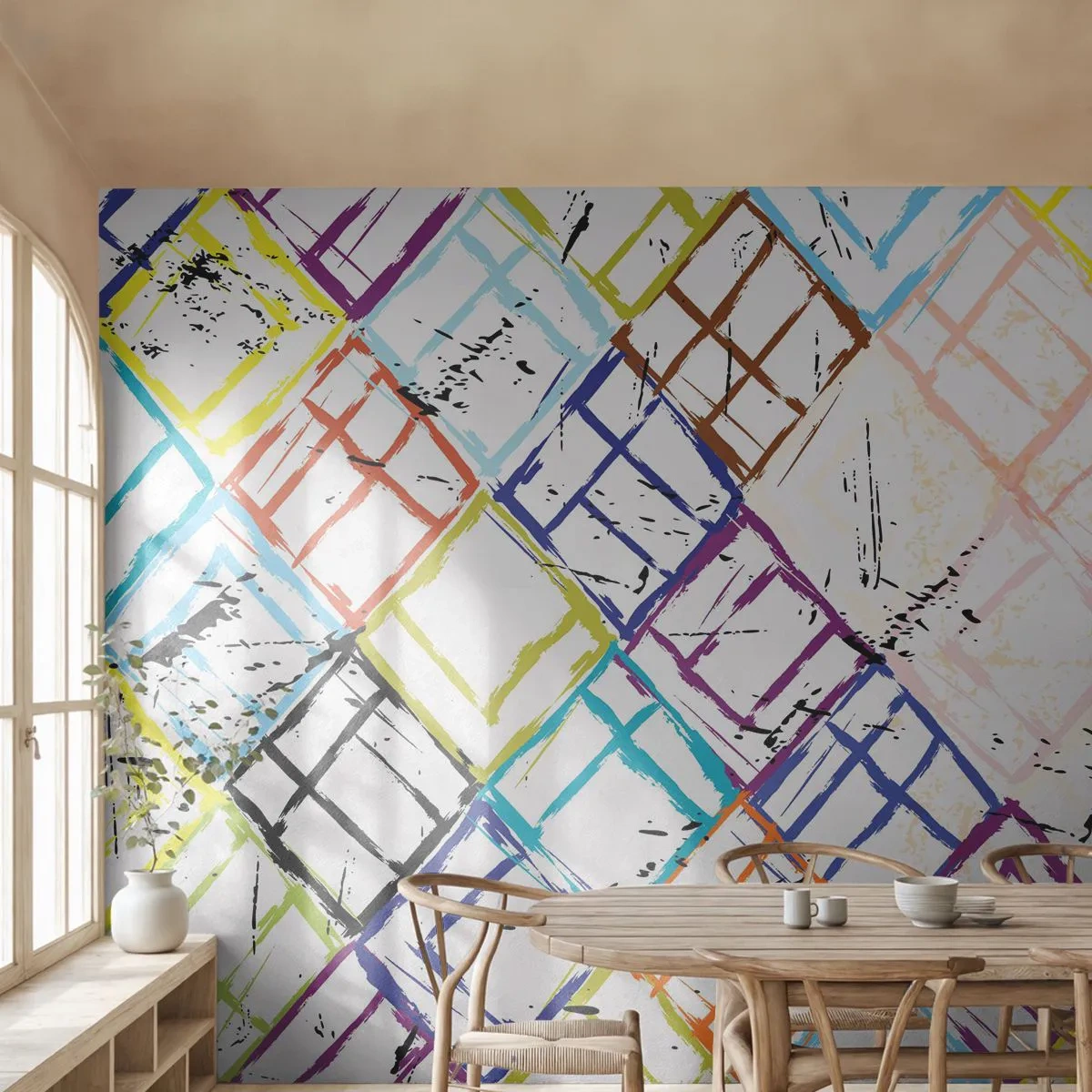 Fototapete Premium Sand - Bunte geometrische Abstraktion im skizzenhaften Stil - 100x70cm - Zellen zu vermieten - Moderne Wanddekoration für Wohnzimmer und Schlafzimmer ARTTOR