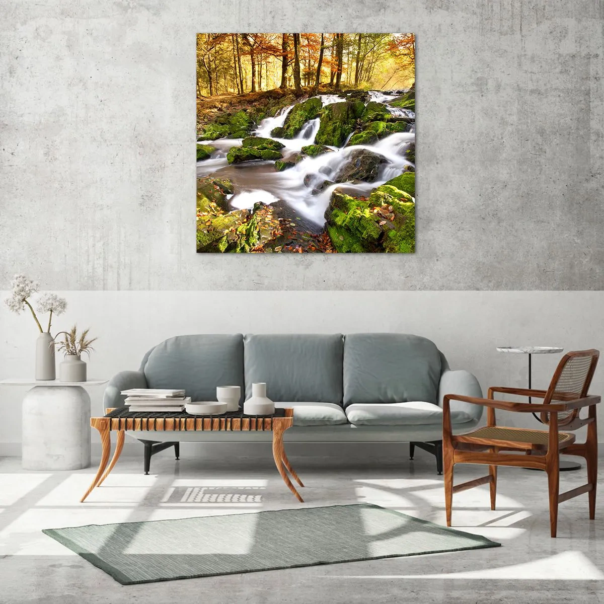 Glasbild - Bild auf glas - Rasch durch den herbstlichen Wald - 60x60 cm