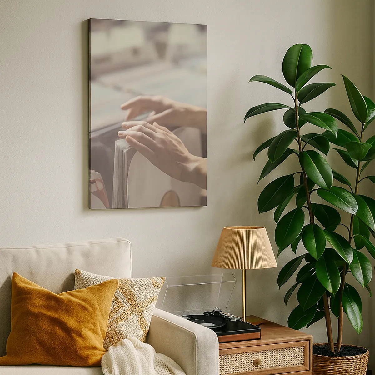 Bild auf Leinwand - Leinwandbild - Hände blättern durch eine Vinylsammlung - 50x70cm - Auf der Suche nach Emotionen - Moderne Wanddekoration für Wohnzimmer und Schlafzimmer ARTTOR