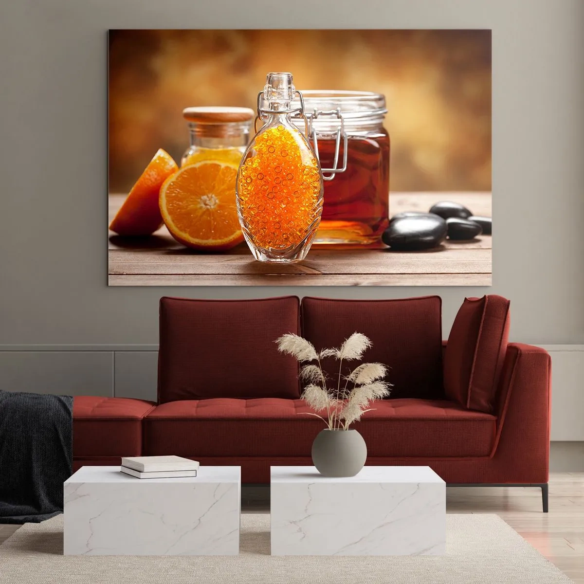 Glasbild - Bild auf glas - Eine Flasche Öl und eine Orange auf einem Holztisch - 100x70cm - Sonnige Aromen und Düfte - Moderne Wanddekoration für Wohnzimmer und Schlafzimmer ARTTOR